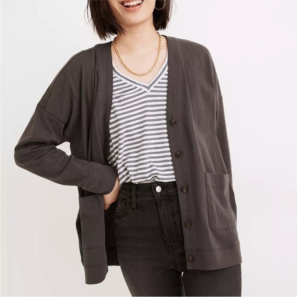 Madewell Button Front Cardigan Charcoal Extra Small Gray Minimalist Preppy NB323